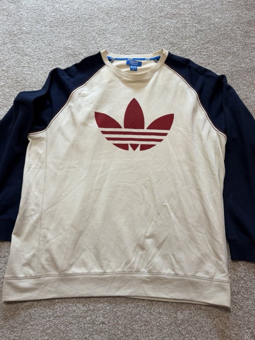 Adidas Y2K Men’s Cream & Navy Blue Pullover Sweater Vintage Size XXL